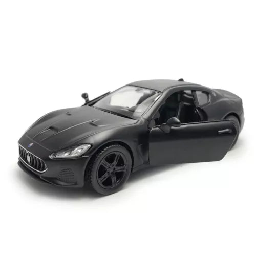 1/36 scale Maserati GranTurismo MC diecast toy car, dark gray, front 3/4 view