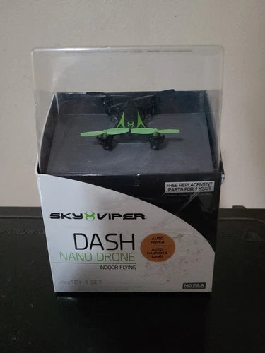 Sky Viper Dash Nano drone in box with clear window and green quadcopter