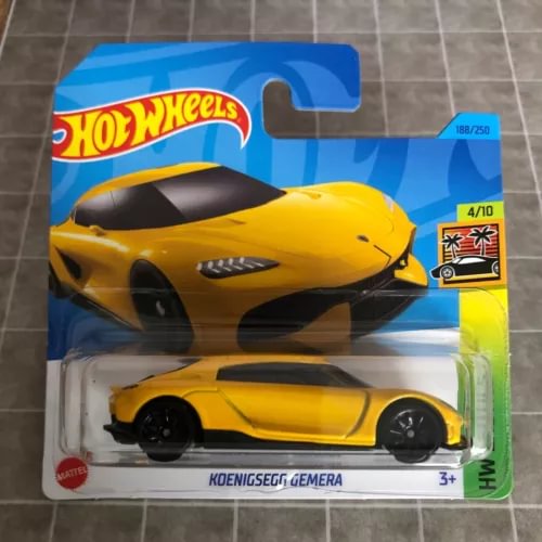 Koenigsegg Gemera Hot Wheels die-cast car, yellow, in sealed blister packaging
