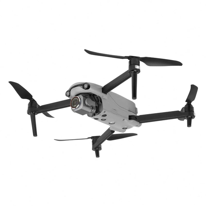Folding quadcopter drone with camera gimbal and four propellers, gray