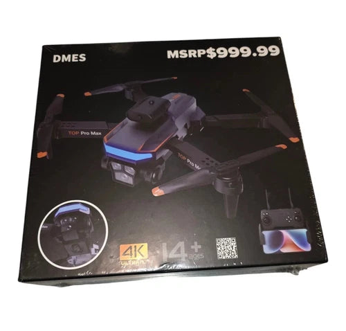 DMES P19 Pro drone retail box, showing quadcopter, 4K, 14+, and QR code