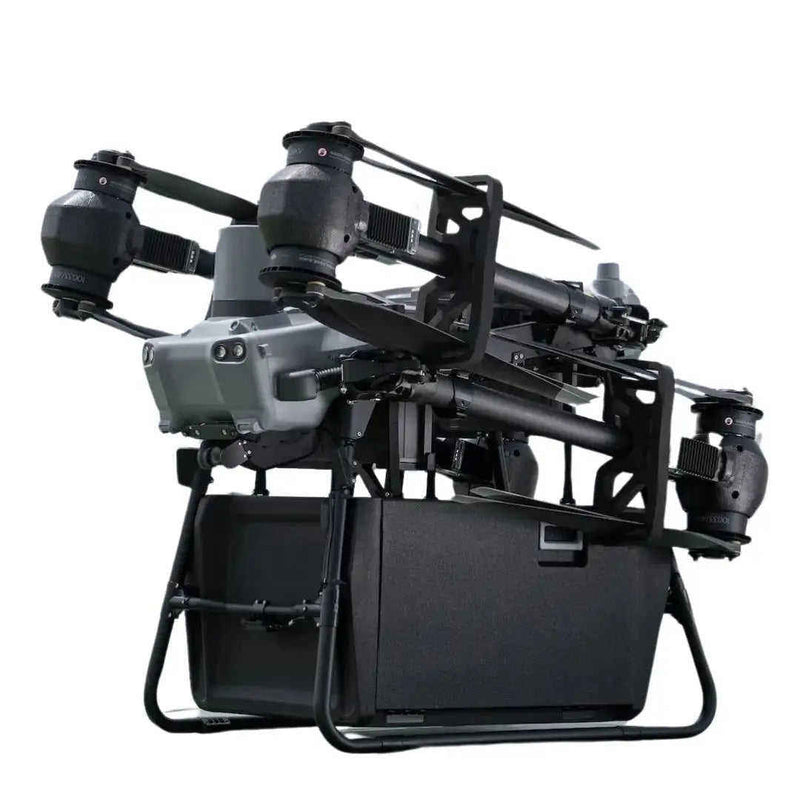 Quadcopter transport drone with foldable arms and enclosed cargo crate, dark gray
