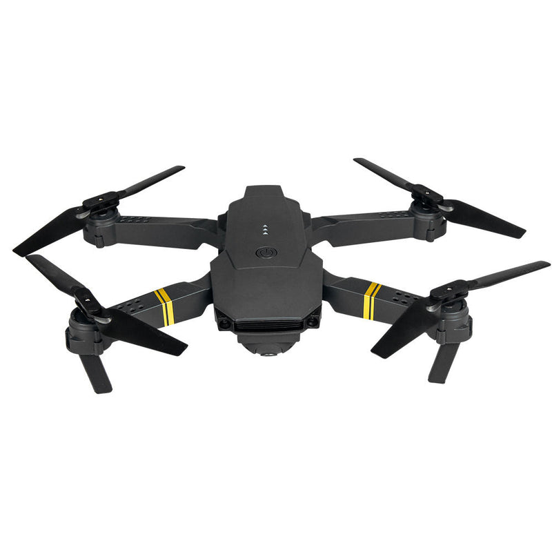 Black quadcopter drone with four foldable propeller arms and front camera module
