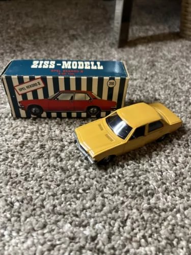 Ziss-Modell diecast Opel Rekord II car, yellow with black windows, with packaging box