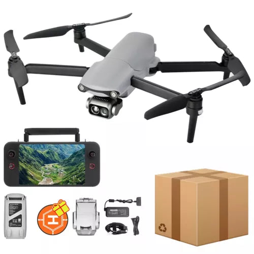 Thermal drone with foldable rotors and handheld remote with screen, plus accessories