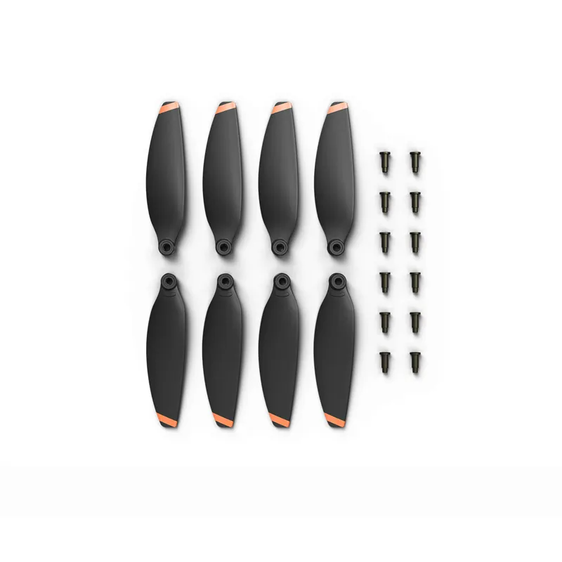Drone propeller set with four black blades and orange tips, plus mounting screws