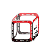 Reflective FPV racing gate cube with red, black, and white custom logo print