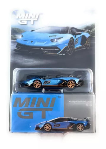 Blue Lamborghini diecast toy car in blister packaging, side view with black wheels