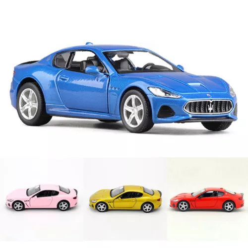 Blue diecast Maserati GranTurismo MC model car with three smaller color models beneath