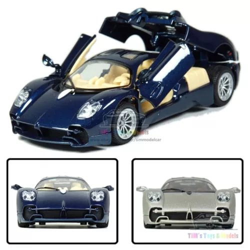 Diecast supercar model toy, dark blue with black accents and silver wheels, front 3/4 view