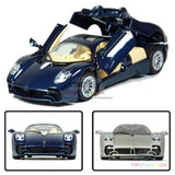Diecast supercar model toy, dark blue with black accents and silver wheels, front 3/4 view