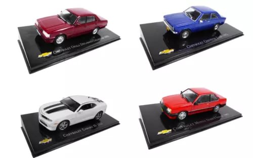 Diecast model car set of four 1:43 cars, red, blue, and white, in display bases