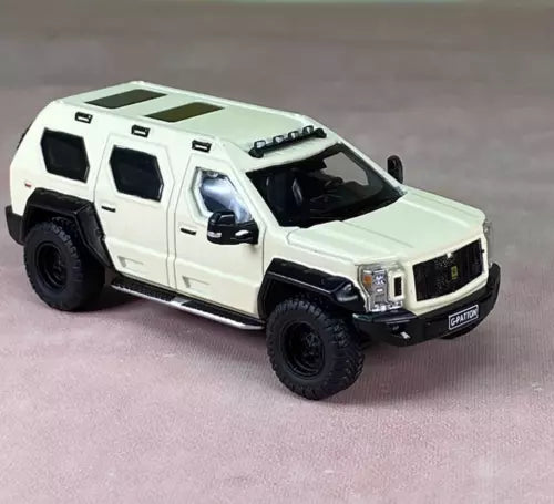 White 1:64 armored SUV diecast model car with black wheels and grille detail