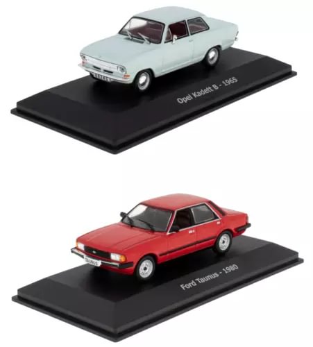Set of 2 diecast model cars: light blue Opel Kadett B and red Ford Taunus
