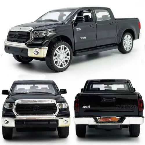 Black diecast pickup truck model car with chrome grille, front and rear views