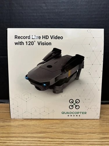 Quadcopter drone box with HD camera, 120-degree vision and drone illustration