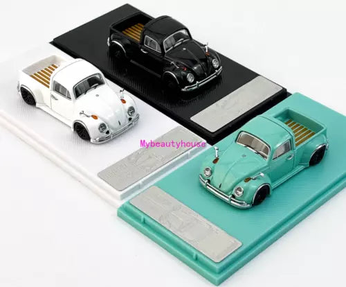 1:64 diecast classic VW Beetle pickup truck model cars, turquoise, black, and white