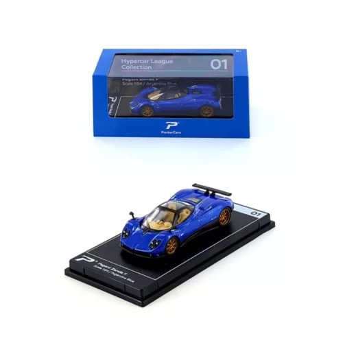 Blue diecast race car model on black display base, with rear spoiler