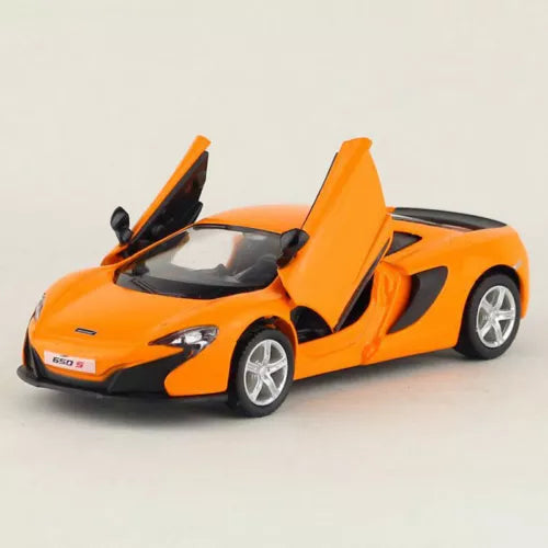 Orange 1:36 diecast model car with open driver-side door and sleek sports design