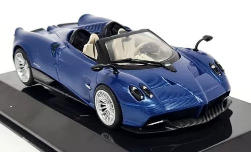 Blue Pagani Huayra roadster diecast model car with detailed wheels and open cockpit