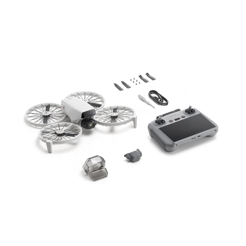 Flip camera drone kit with propellers and dark gray remote controller