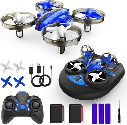 Blue mini quadcopter drone with black controller and spare batteries
