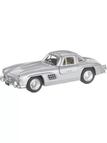 Silver diecast model car of 1954 Mercedes-Benz 300 SL, 1:36 scale, front 3/4 view