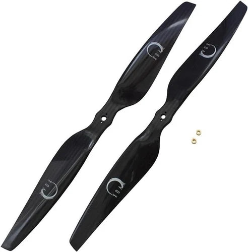 Carbon fiber drone propeller pair, black curved blades with mounting holes