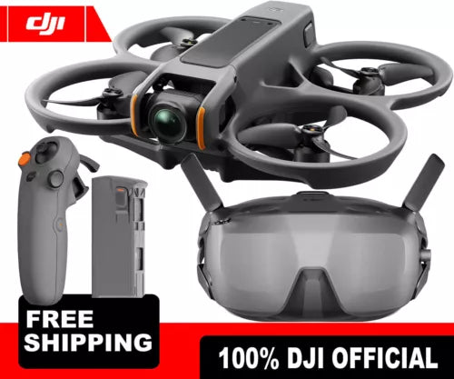 DJI FPV camera drone with gray goggles and remote controller, plus battery pack