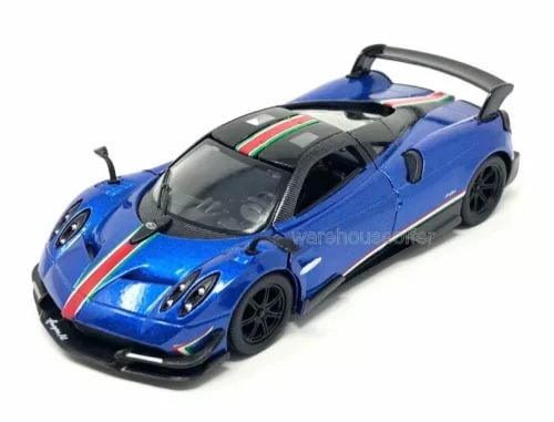 Blue diecast display car with rear wing, black wheels, racing livery stripes