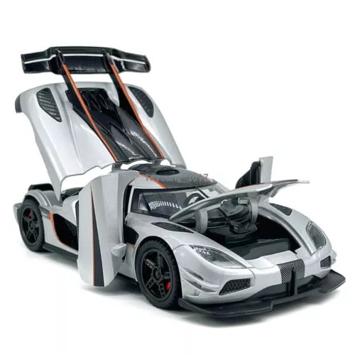 Silver diecast toy car with black accents, opening hood and orange details, 1:32