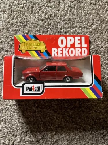 Diecast Opel Rekord car in red retail box with clear window and Polistil logo