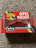 Diecast Opel Rekord car in red retail box with clear window and Polistil logo