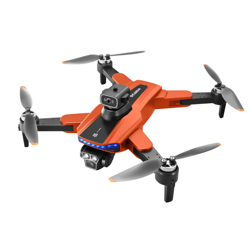 Orange quadcopter drone with front camera module and four propellers