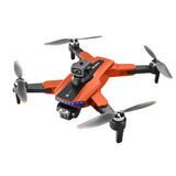 Orange quadcopter drone with front camera module and four propellers