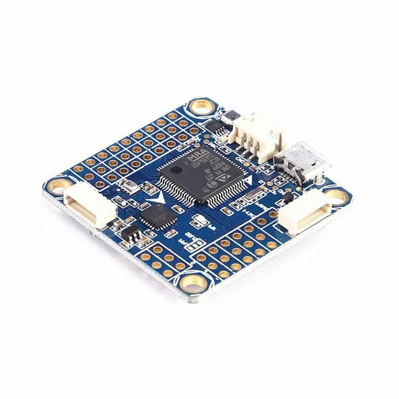 FPV racing drone flight controller circuit board with blue PCB and socketed chips