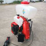 Gasoline-powered mist blower with white tank and red engine housing, backpack sprayer