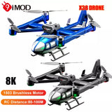 Blue and black quadcopter drone with dual cameras and four propellers, X38