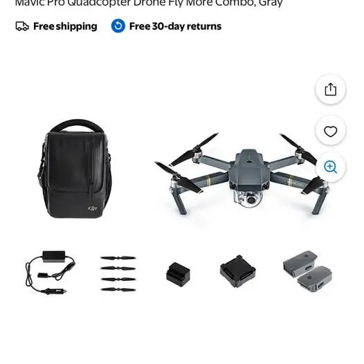DJI Mavic Pro drone with gray quadcopter, carrying bag, battery, cables, propellers