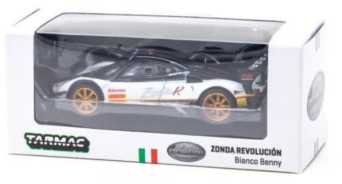 White and black racing diecast car in display box, Zonda Revolucion Benny