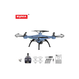 Blue SYMA quadcopter drone with built-in camera and remote controller