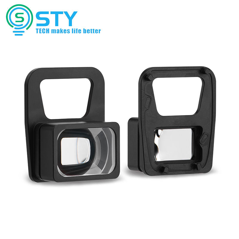 Wide-angle drone camera lens with black waterproof housing and clear glass
