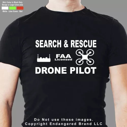 Men's black short sleeve T-shirt with 'Search & Rescue' and 'Drone Pilot' print