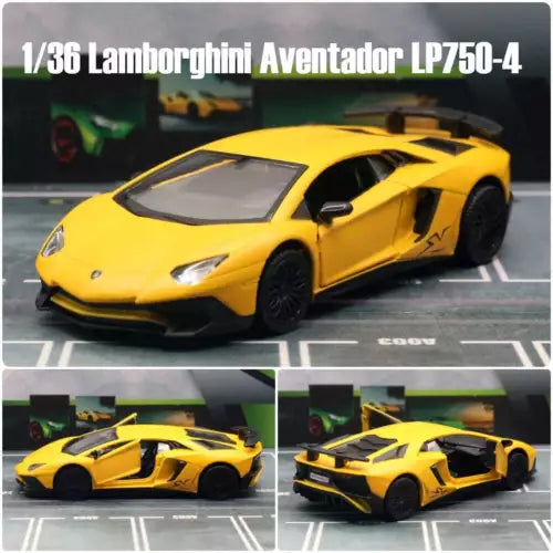 1/36 Lamborghini Aventador LP750-4 SV yellow diecast model car with black accents
