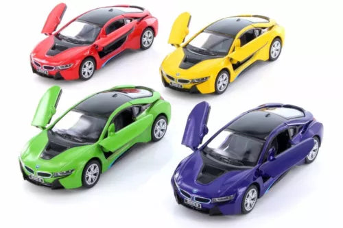 Diecast car set with four hardtop vehicles: red, yellow, green, and purple.