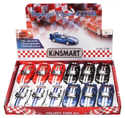 Diecast model car multipack box with assorted red, blue, and white cars, 1:36 scale