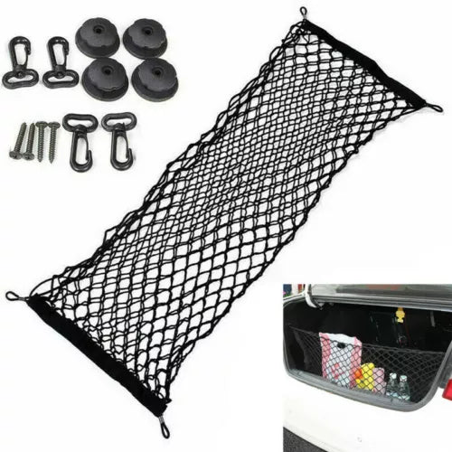 Black mesh cargo net with mounting hooks, screws, and rubber grommets