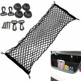 Black mesh cargo net with mounting hooks, screws, and rubber grommets