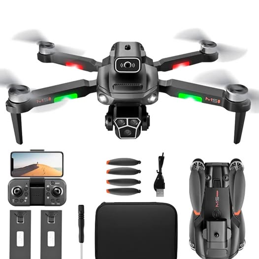 Foldable quadcopter drone with 4 propellers, front camera, and remote controller kit