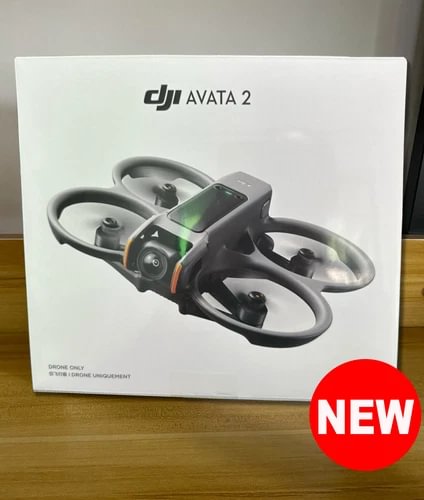DJI Avata 2 camera drone on retail box, illustrated gray foldable quadcopter NEW